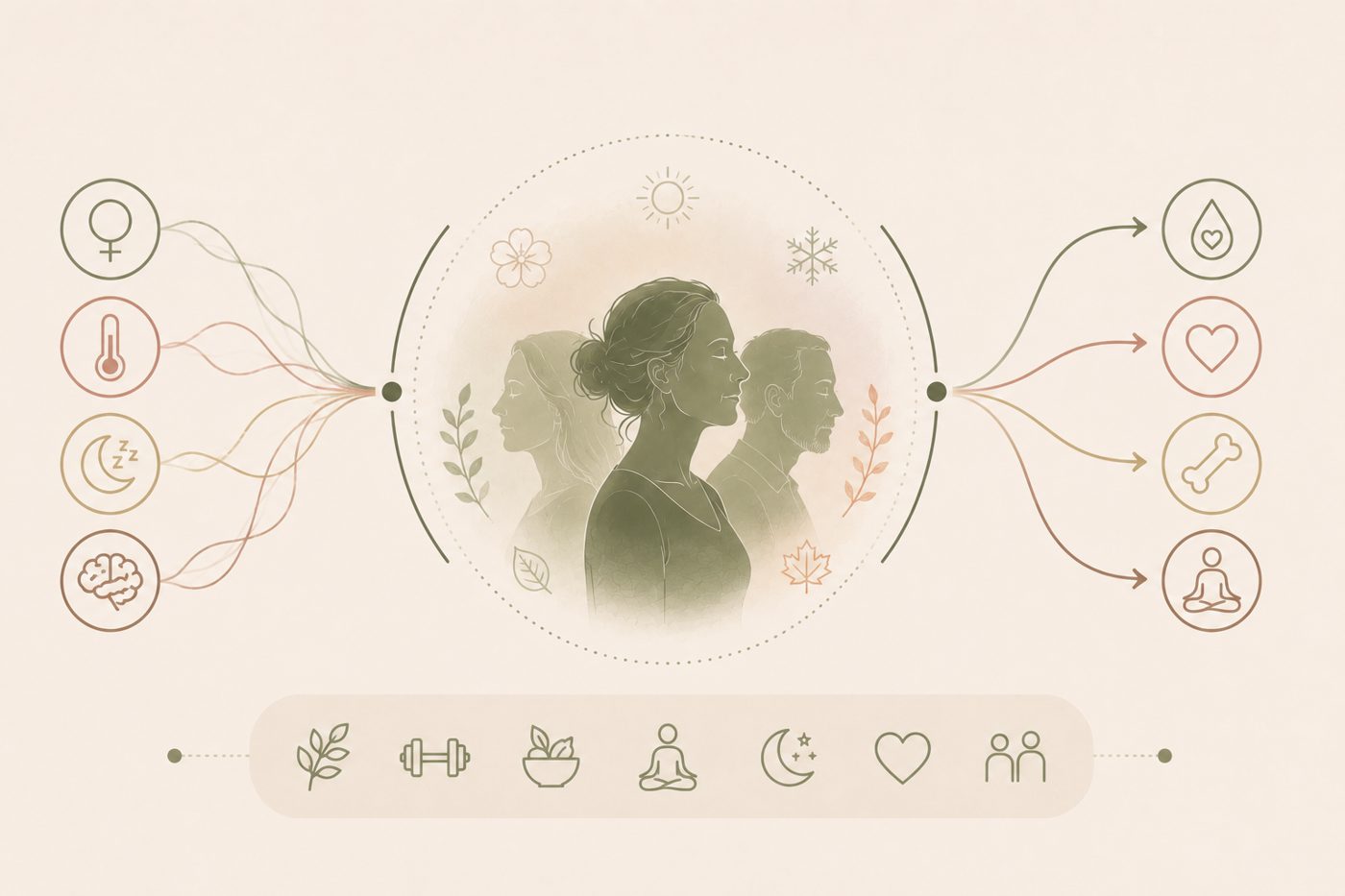 Ilustração do artigo: Perimenopausa, menopausa e andropausa: o corpo muda de estação